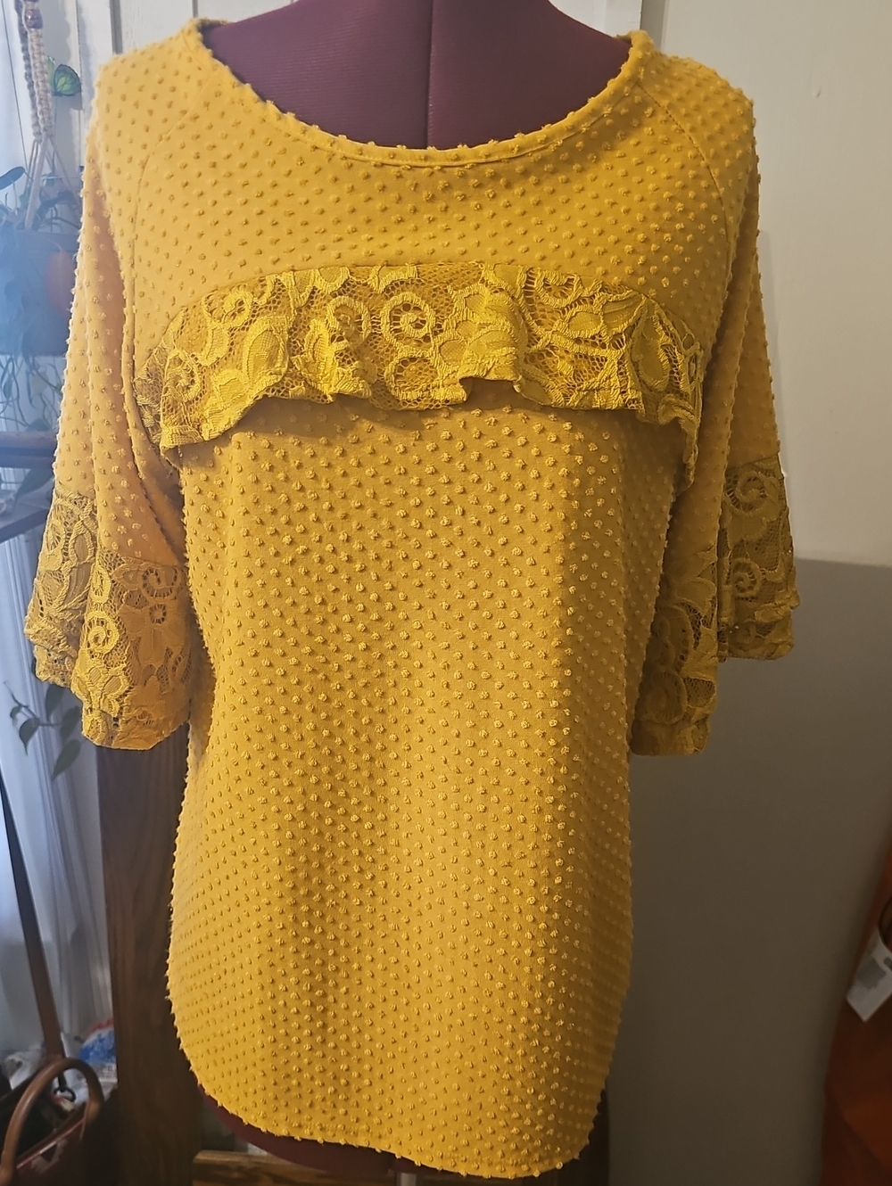 Mustard Yellow Textured Lace Ruffle Top